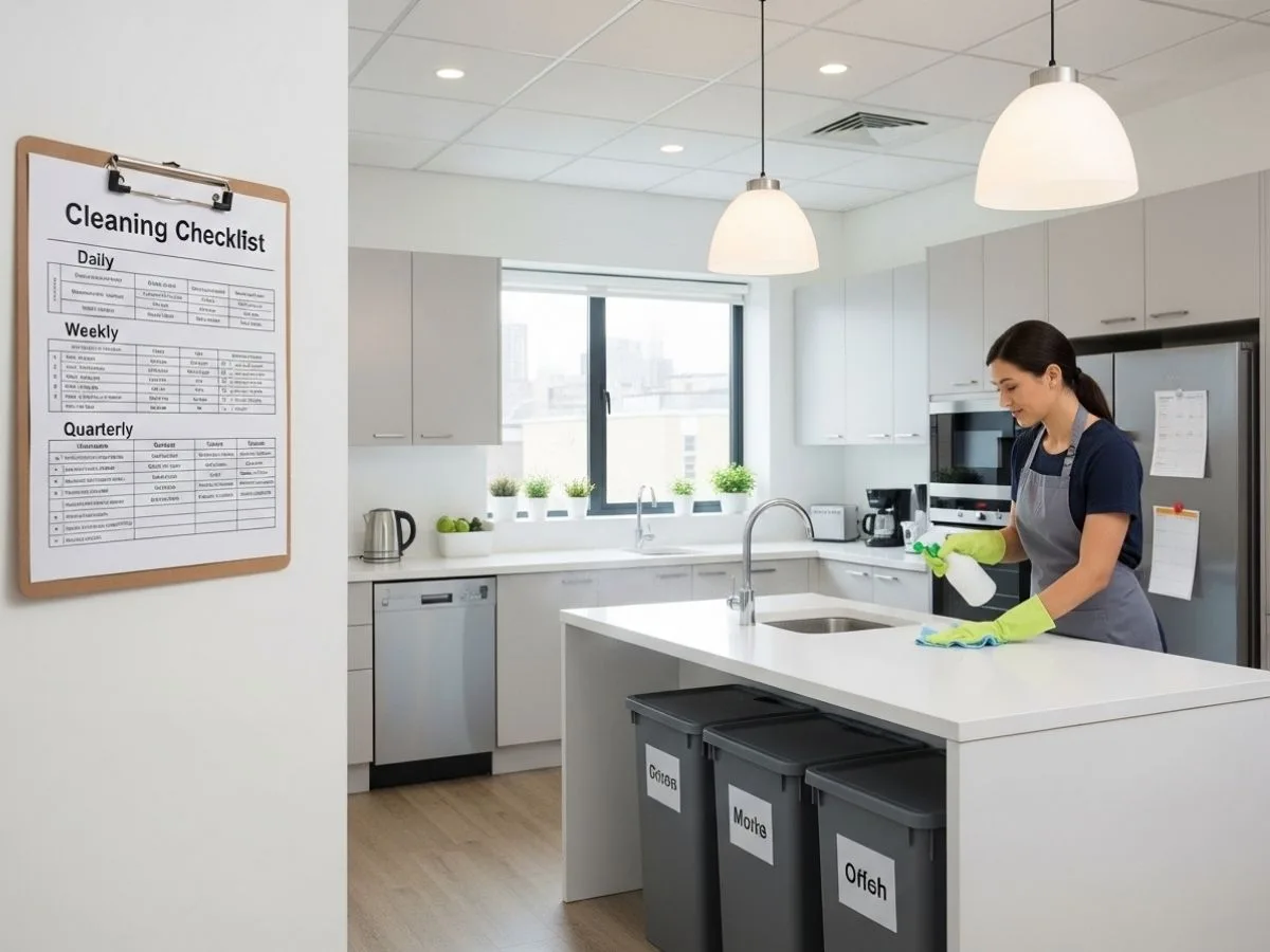 Modern shared office kitchen with visible cleaning checklist and staff member disinfecting countertops.