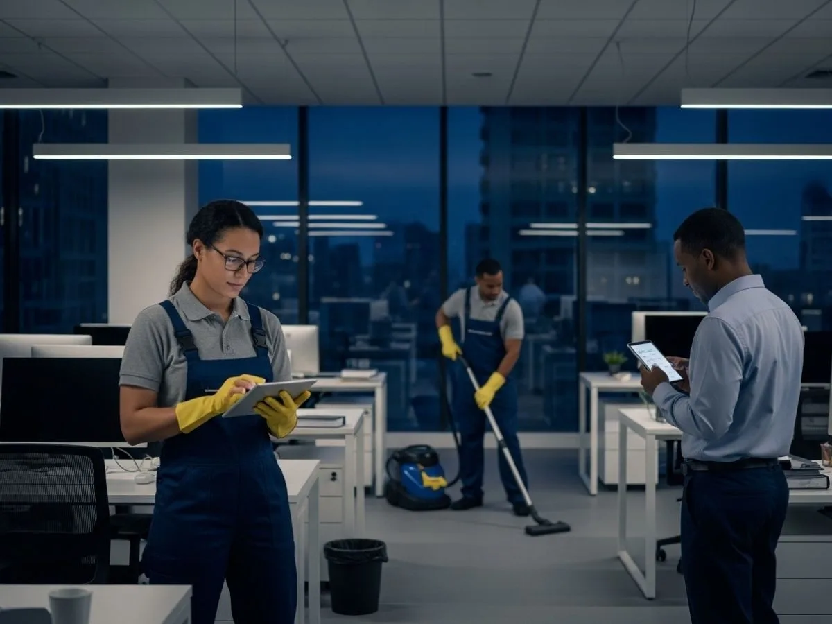 After-hours commercial cleaning team documenting tasks in a quiet office building at night.