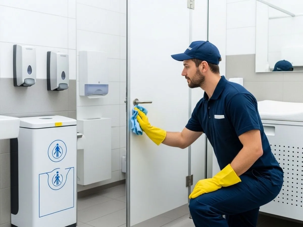 Professional cleaner inspecting detailed touchpoints in a modern commercial restroom cubicle to maintain hygiene standards.