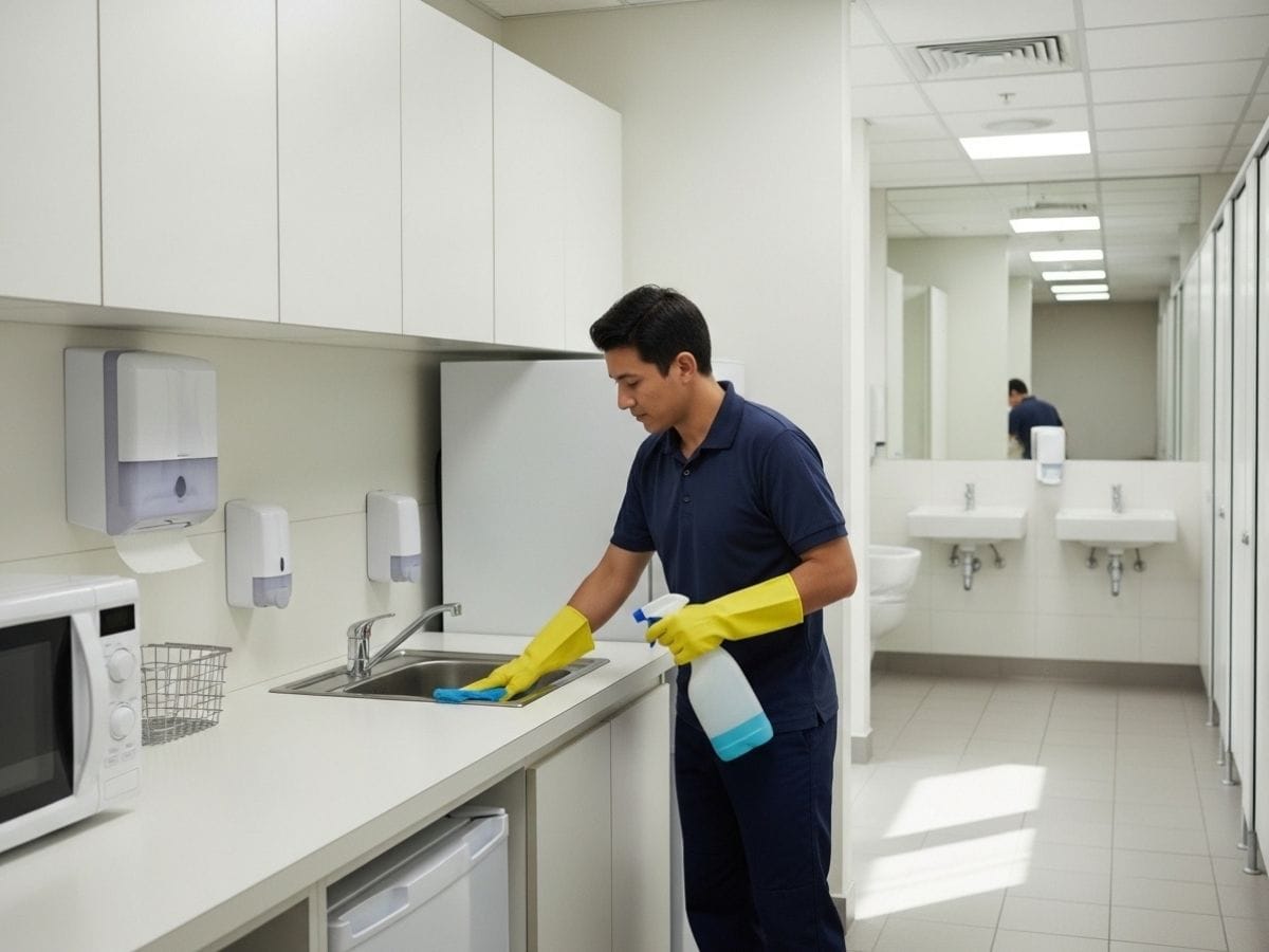 Professional cleaner sanitising a modern office kitchen and bathroom area to maintain workplace hygiene.
