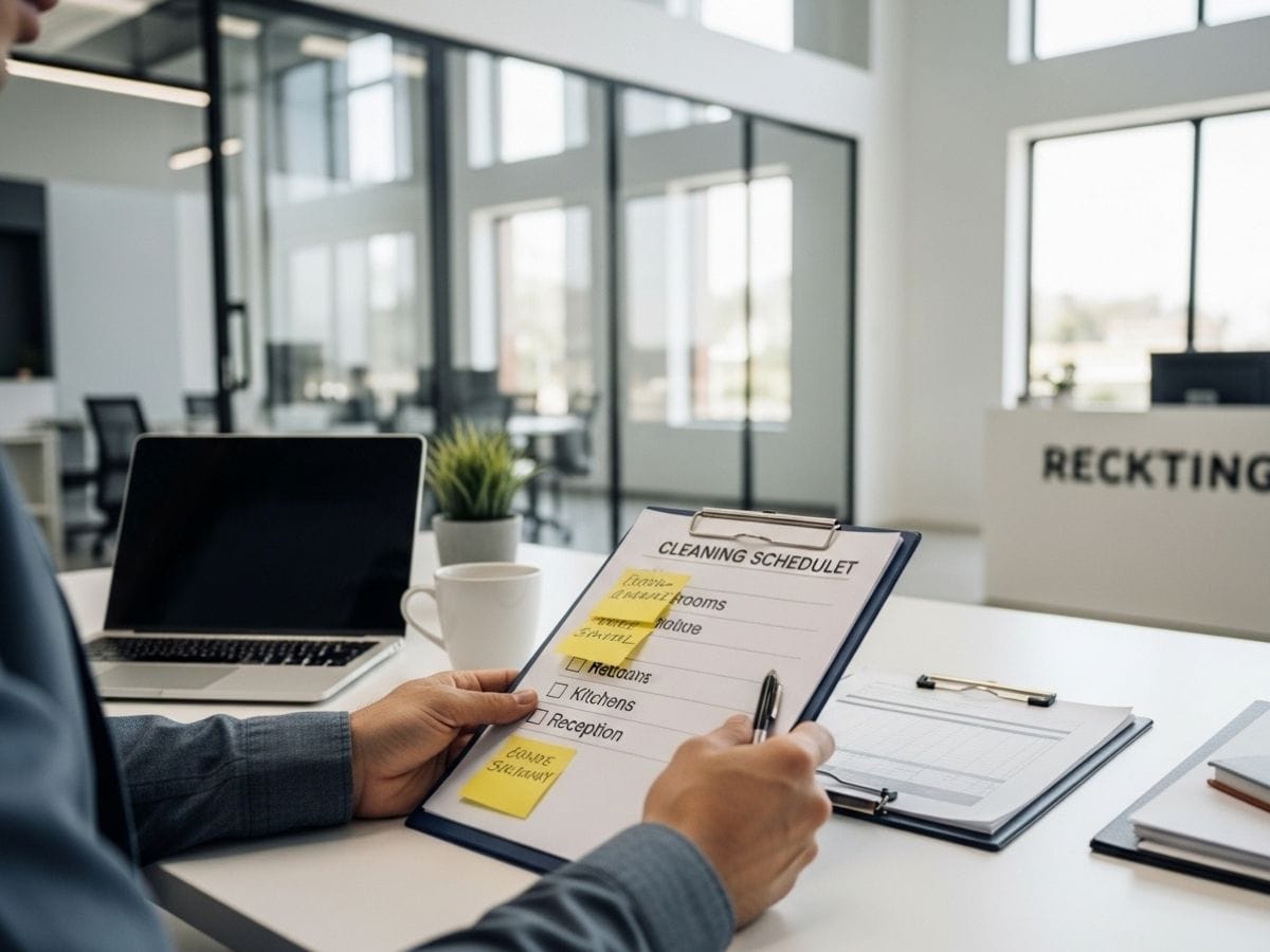 Office manager reviewing a professional office cleaning schedule checklist at a modern desk.