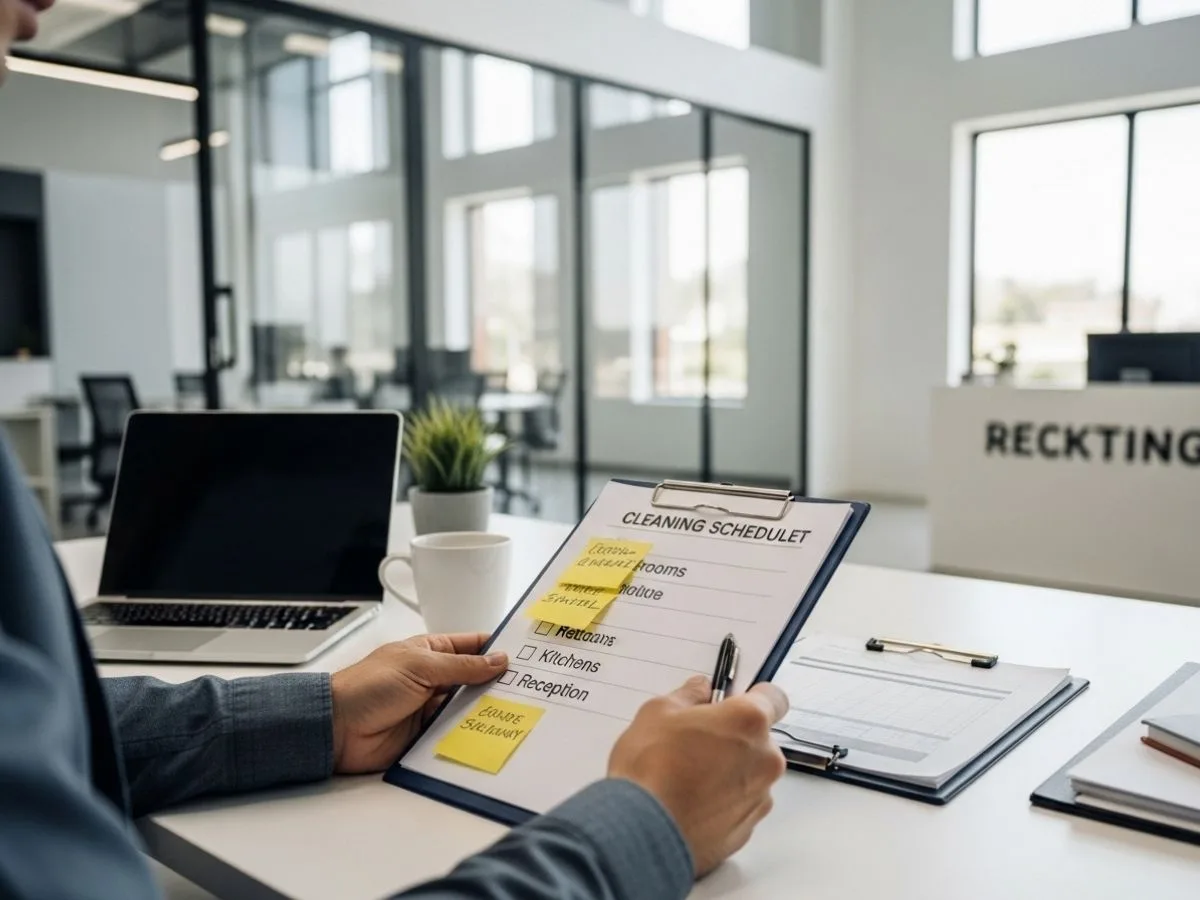 Office manager reviewing a professional office cleaning schedule checklist at a modern desk.
