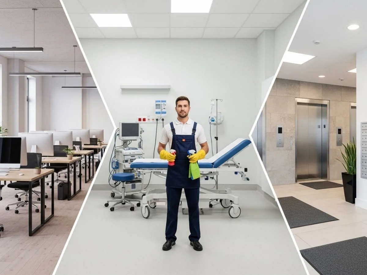 Commercial cleaner shown across office, medical clinic, and strata building environments.