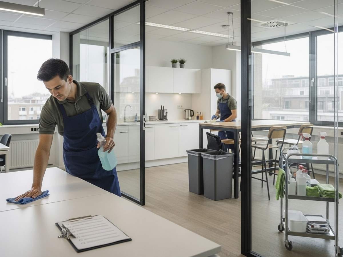 Professional cleaners maintaining an office with daily and scheduled cleaning tasks in a modern workspace.