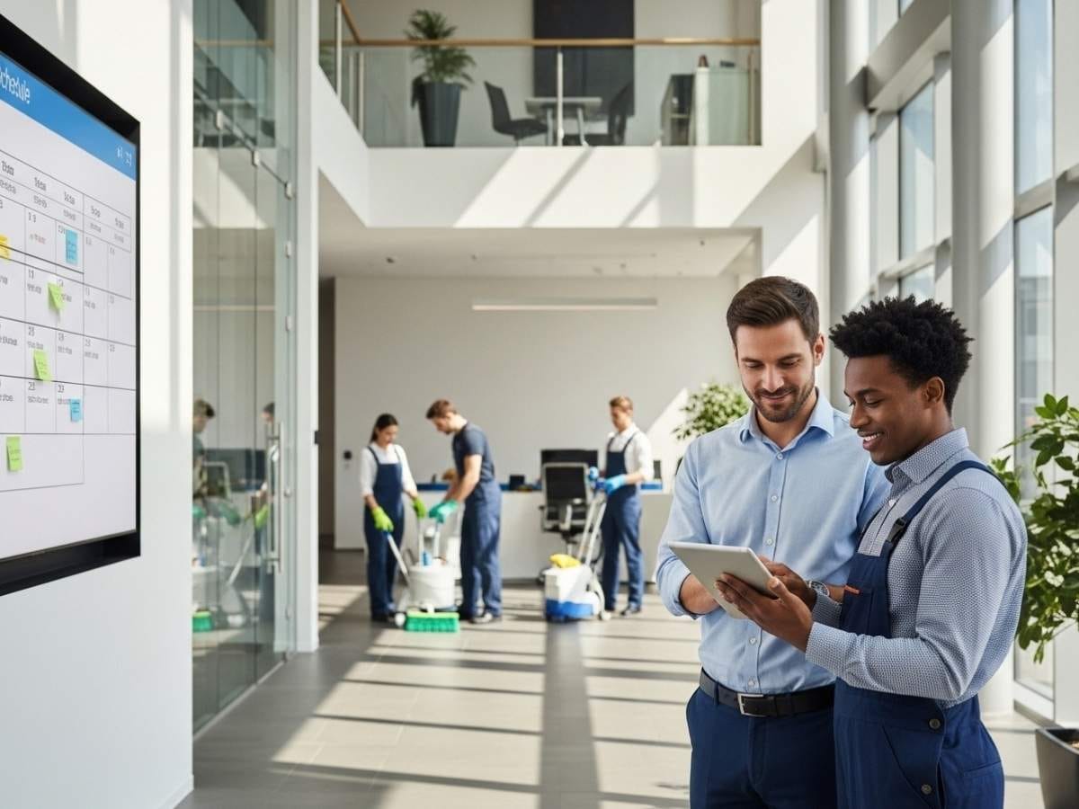 Facilities manager and cleaning supervisor coordinating office cleaning schedules using a digital calendar in a modern office building.