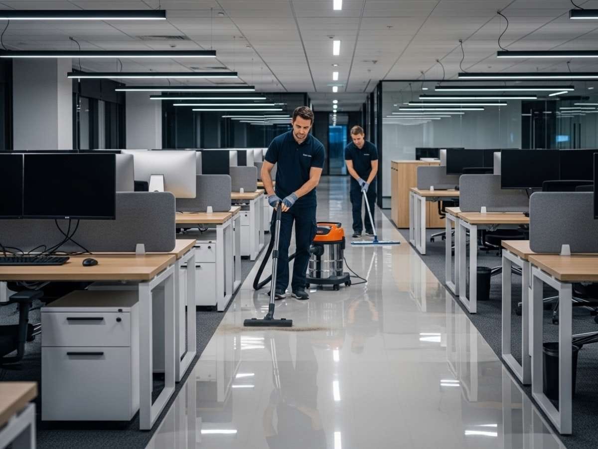 Professional cleaner maintaining a modern office space after hours with vacuum and mop.
