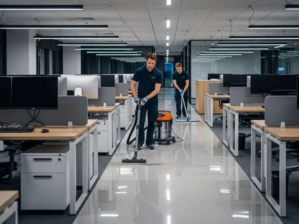 Professional cleaner maintaining a modern office space after hours with vacuum and mop.