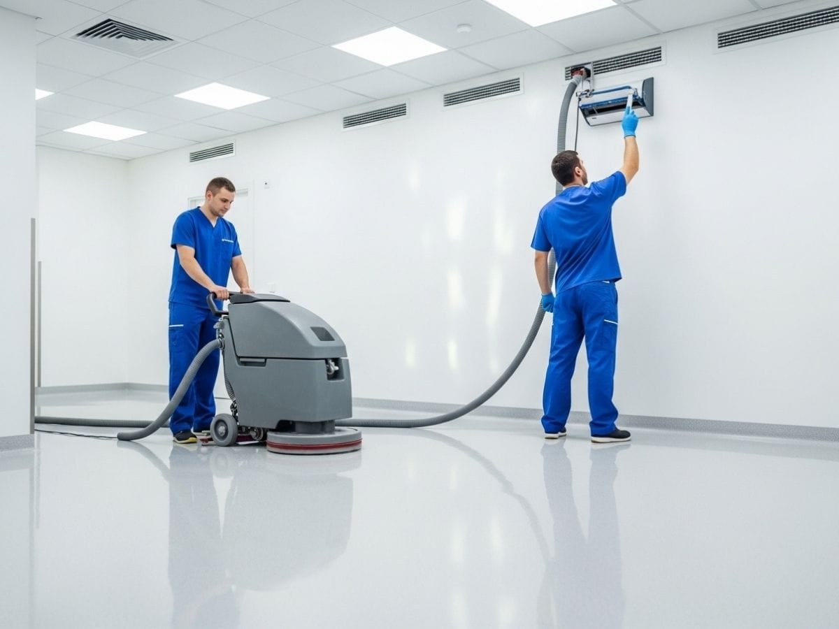 Professional cleaners performing deep cleaning in a medical clinic to support infection control and compliance standards.