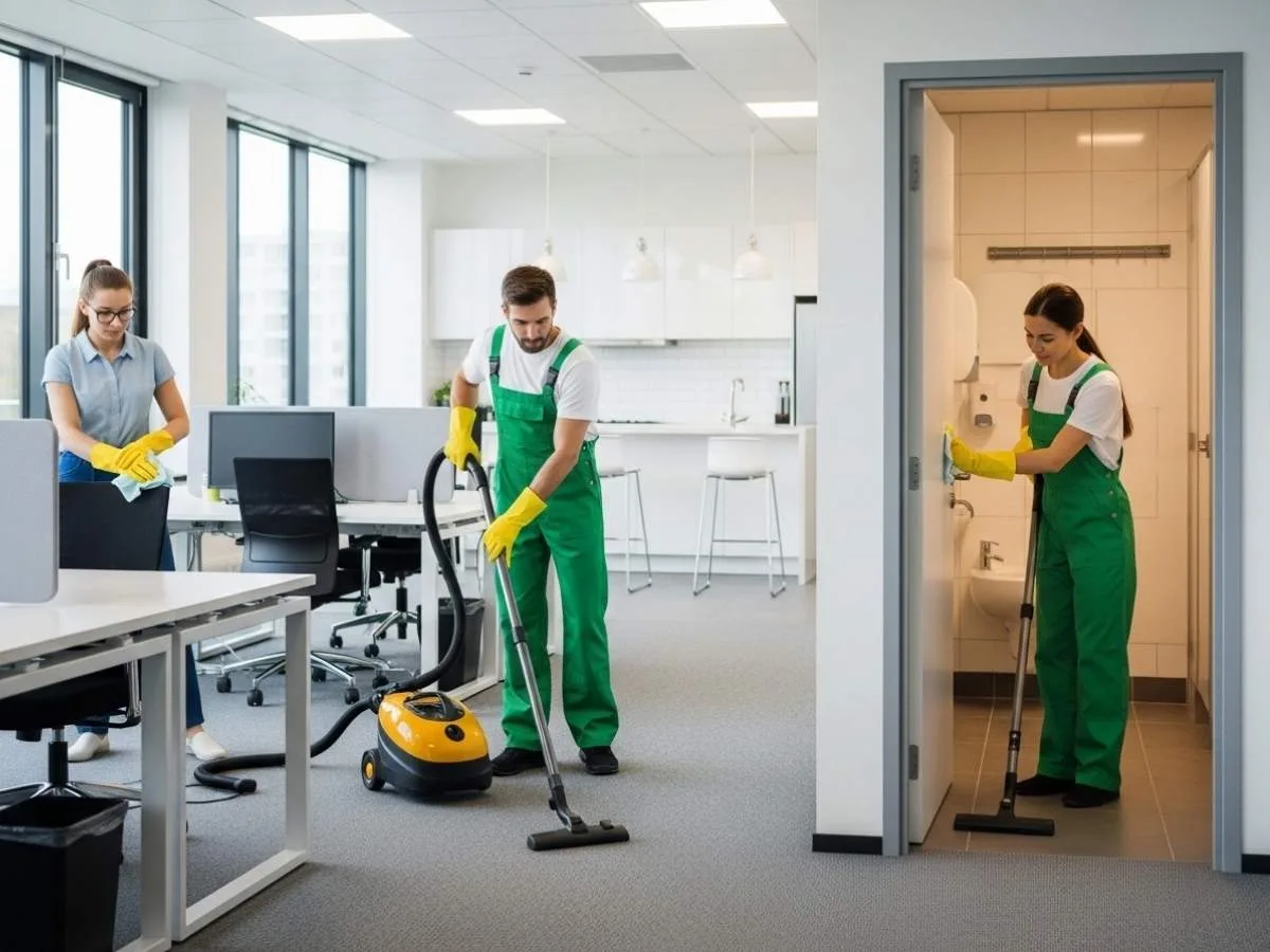 Professional cleaners performing standard office cleaning tasks including vacuuming, wiping desks, and sanitizing high-touch surfaces in a modern workplace.