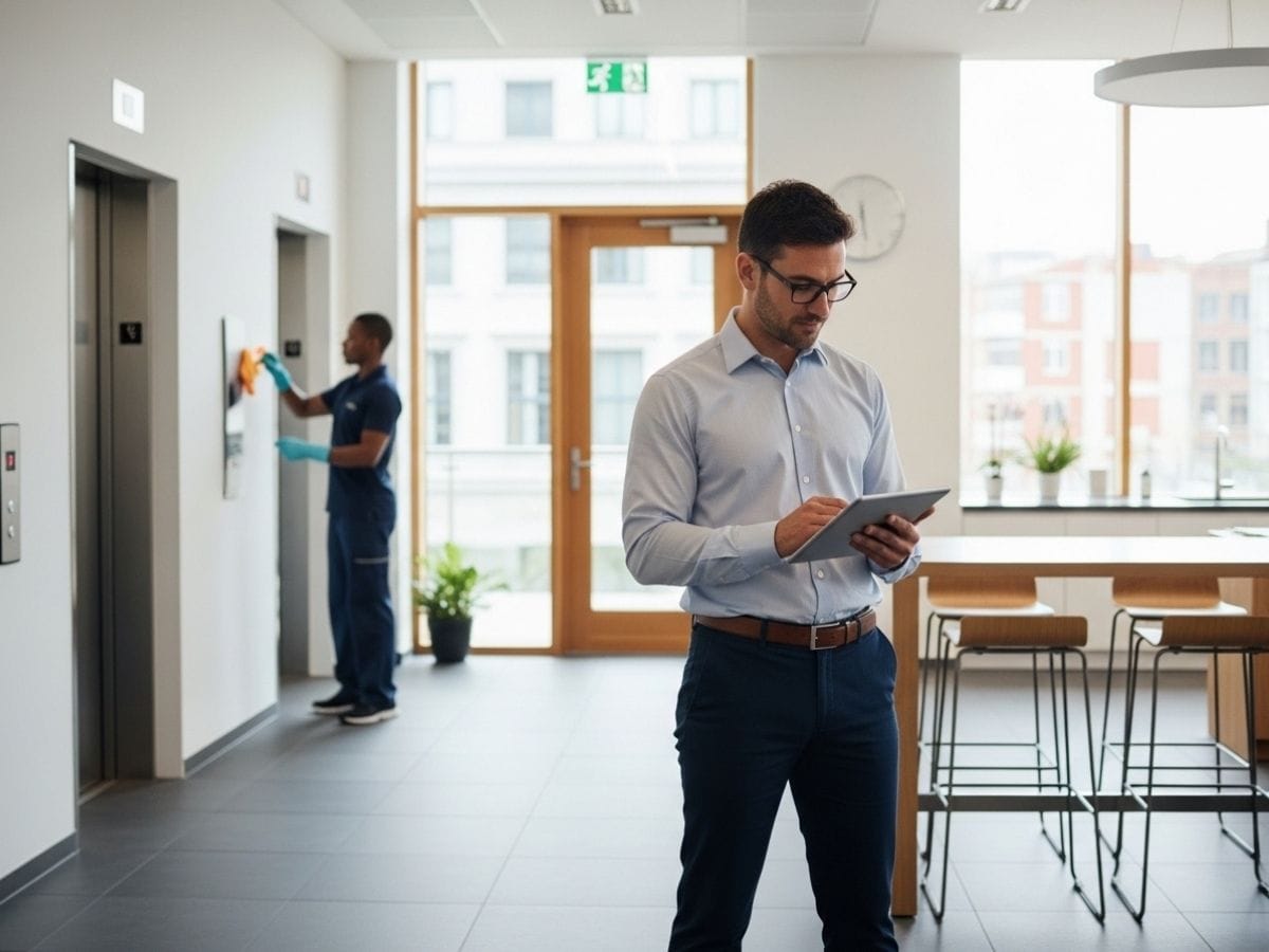 Facilities manager evaluating office cleaning priorities while staff disinfect high-touch surfaces in a modern workplace.