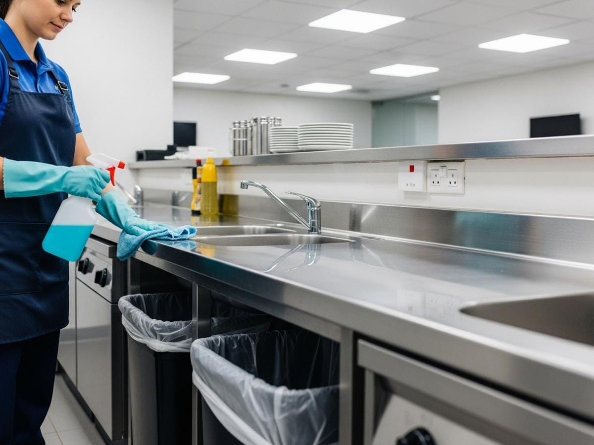 Professional cleaner disinfecting surfaces in a modern office kitchen as part of daily commercial cleaning tasks.