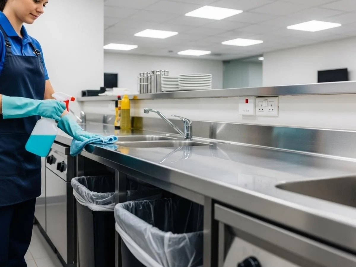 Professional cleaner disinfecting surfaces in a modern office kitchen as part of daily commercial cleaning tasks.