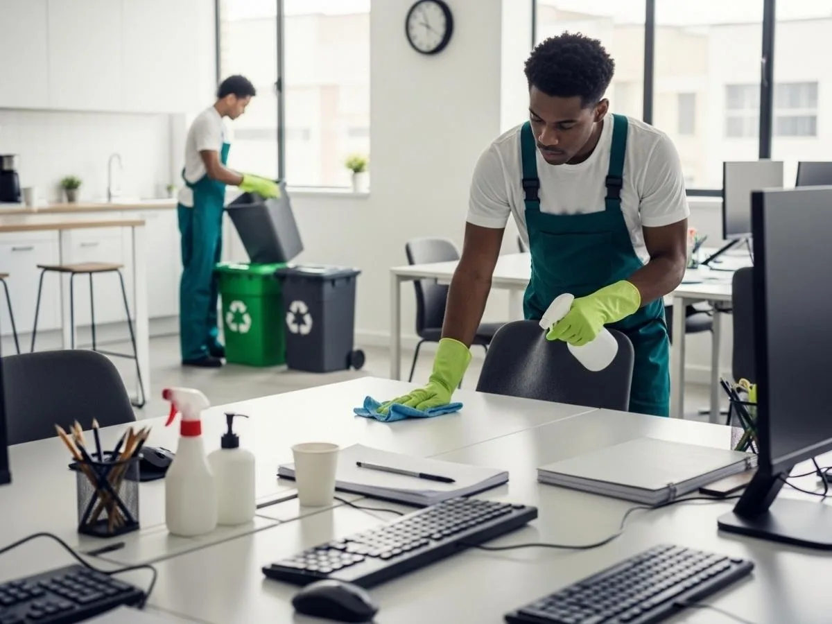 Professional office cleaners disinfecting desks and emptying bins in a bright modern workplace during daily cleaning tasks.