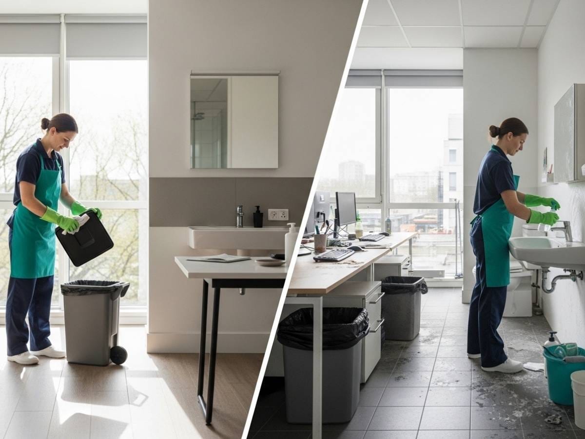 Side-by-side comparison of daily office cleaning versus weekly cleaning showing light maintenance versus heavy accumulated mess.