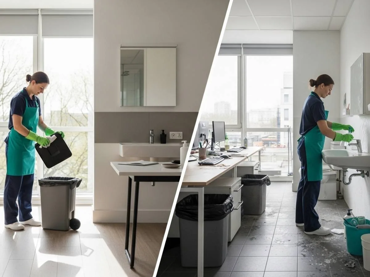 Side-by-side comparison of daily office cleaning versus weekly cleaning showing light maintenance versus heavy accumulated mess.