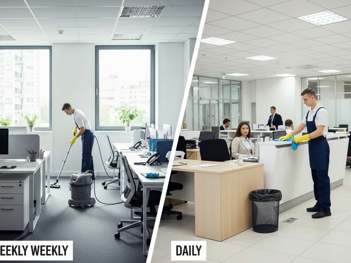 Side-by-side comparison of weekly cleaning in a small office and daily cleaning in a busy reception area.