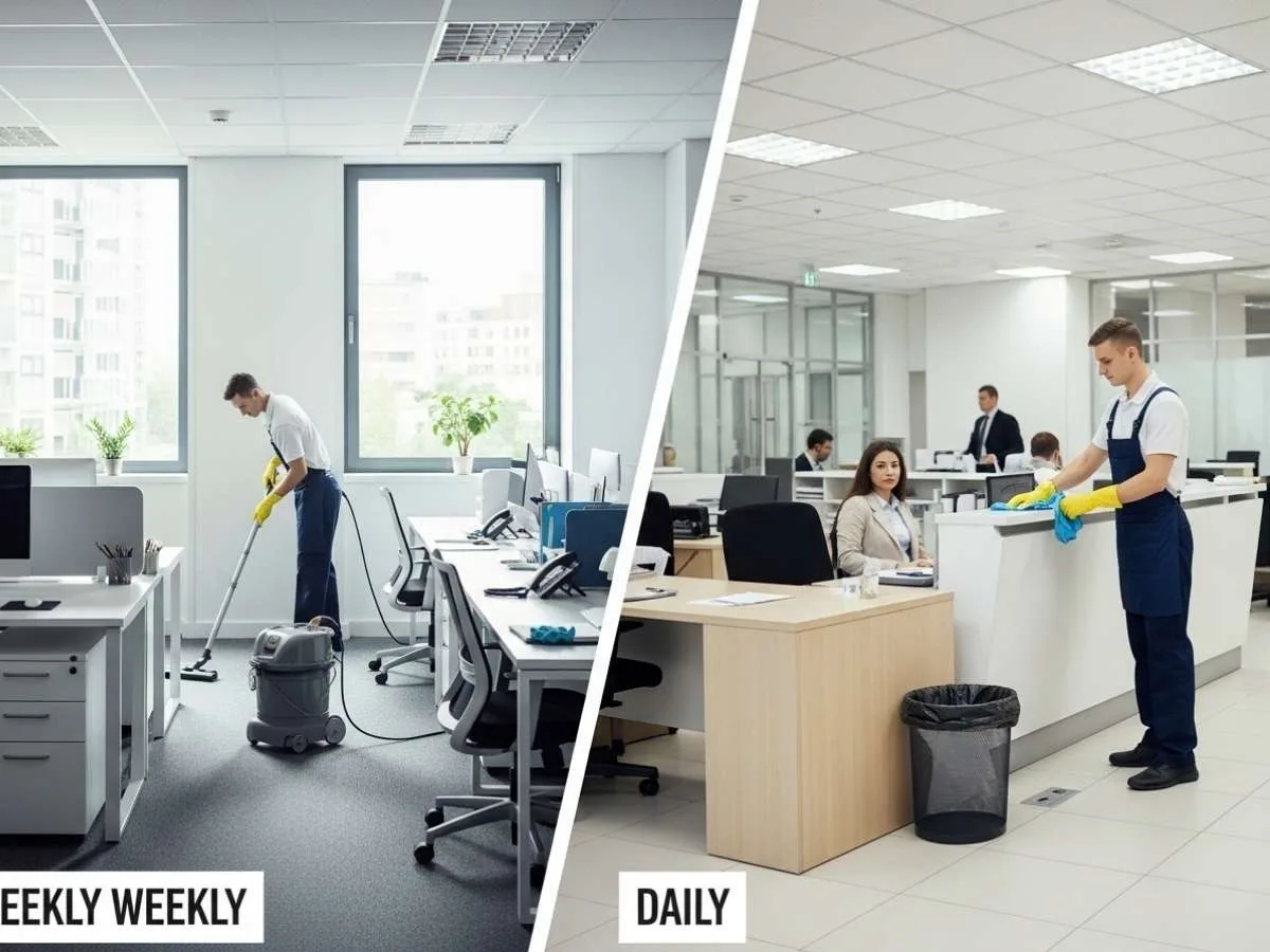 Side-by-side comparison of weekly cleaning in a small office and daily cleaning in a busy reception area.