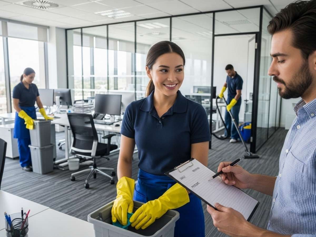 Office cleaner and manager reviewing a commercial cleaning schedule with daily, weekly, and periodic tasks in a modern workplace.
