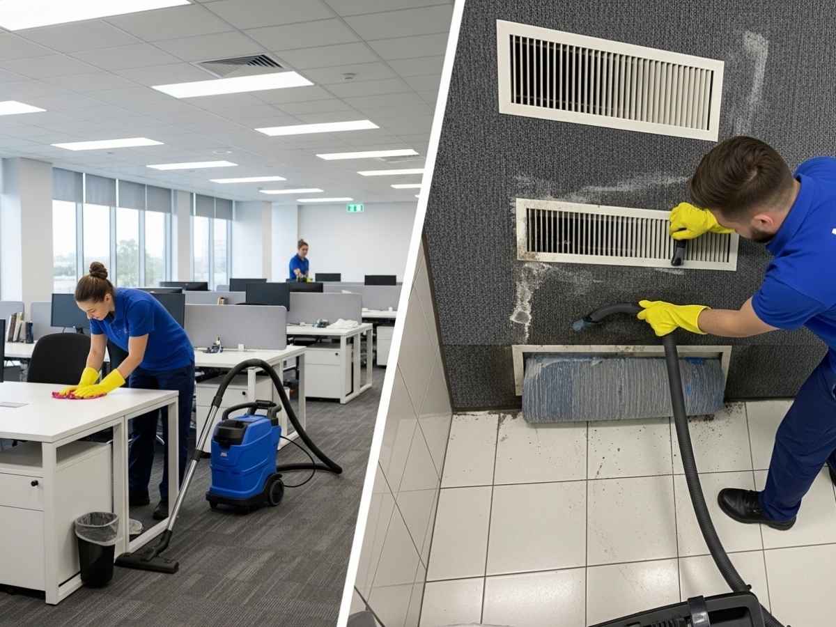 Split view of regular office cleaning versus deep commercial cleaning in a modern workplace.
