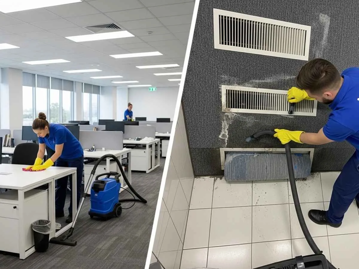 Split view of regular office cleaning versus deep commercial cleaning in a modern workplace.