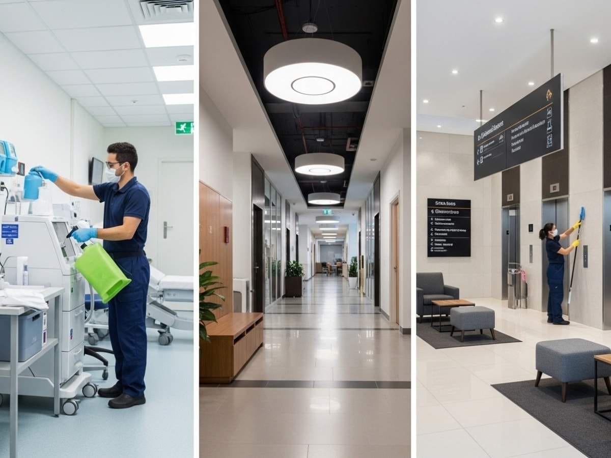 Professional cleaners working across medical, multi-tenant, and strata office environments within a modern commercial building.