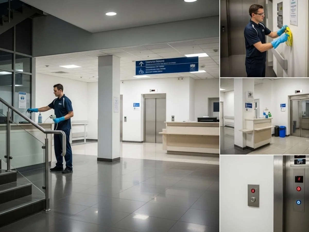 Professional cleaner disinfecting a quiet commercial building lobby at night to maintain hygiene and safety compliance.