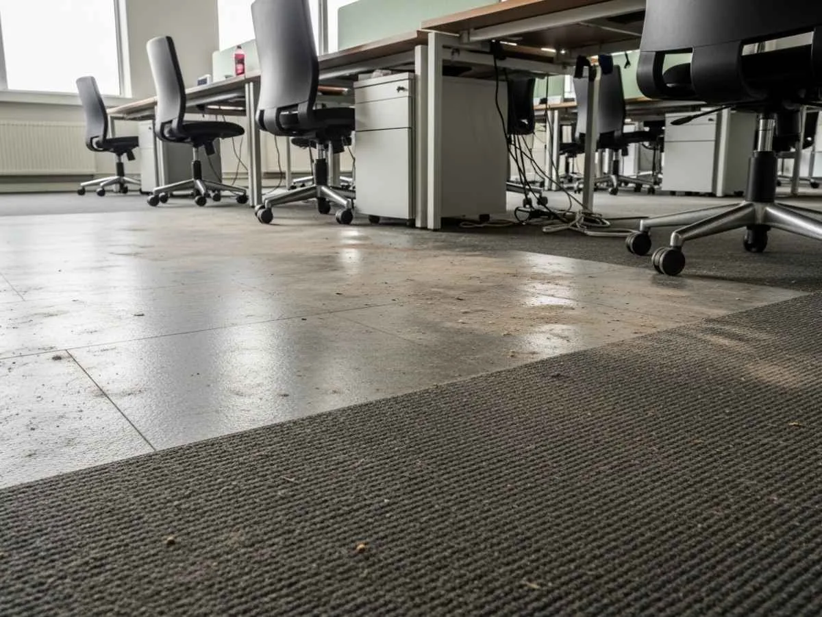 Neglected office floors and stained carpets showing signs of inconsistent cleaning and maintenance.