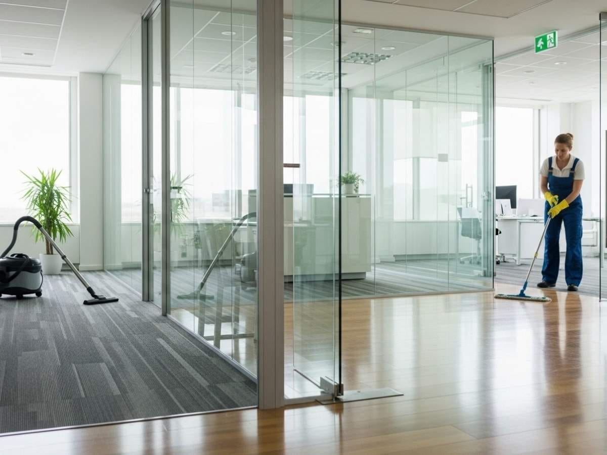 Professional cleaner maintaining spotless office floors and glass surfaces in a modern workspace.