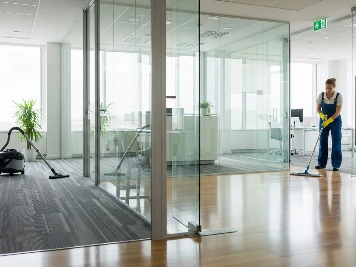 Professional cleaner maintaining spotless office floors and glass surfaces in a modern workspace.