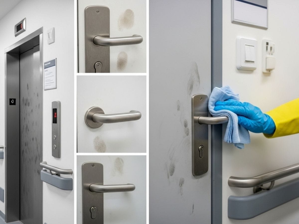 Cleaner disinfecting a high-touch door handle in a medical centre hallway with visible frequently touched surfaces.