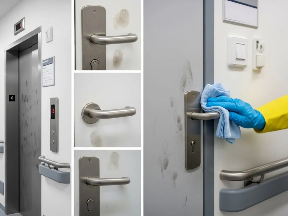 Cleaner disinfecting a high-touch door handle in a medical centre hallway with visible frequently touched surfaces.