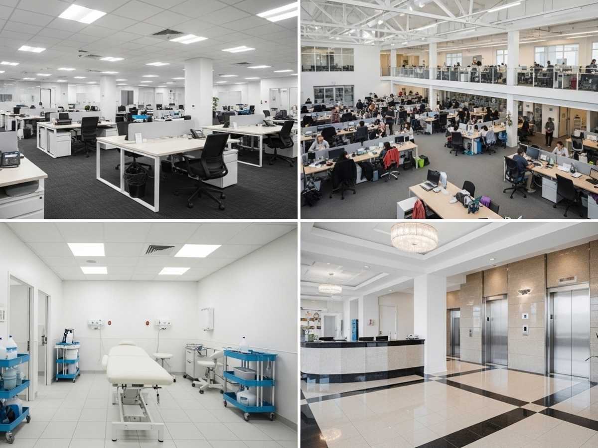 Comparison of cleaning standards across corporate offices, high-traffic workplaces, medical facilities, and strata-managed buildings.