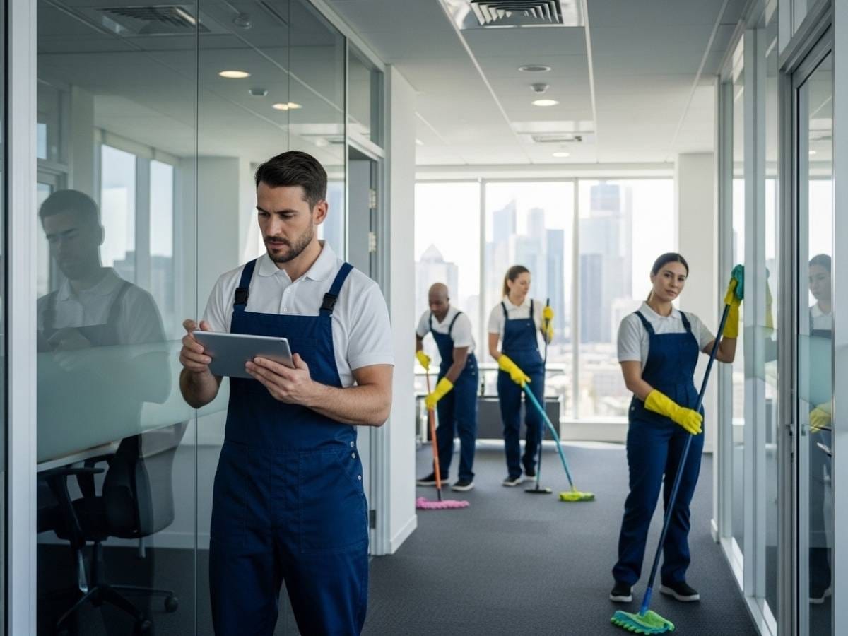 Commercial cleaning team coordinating office cleaning schedules inside a modern corporate building.