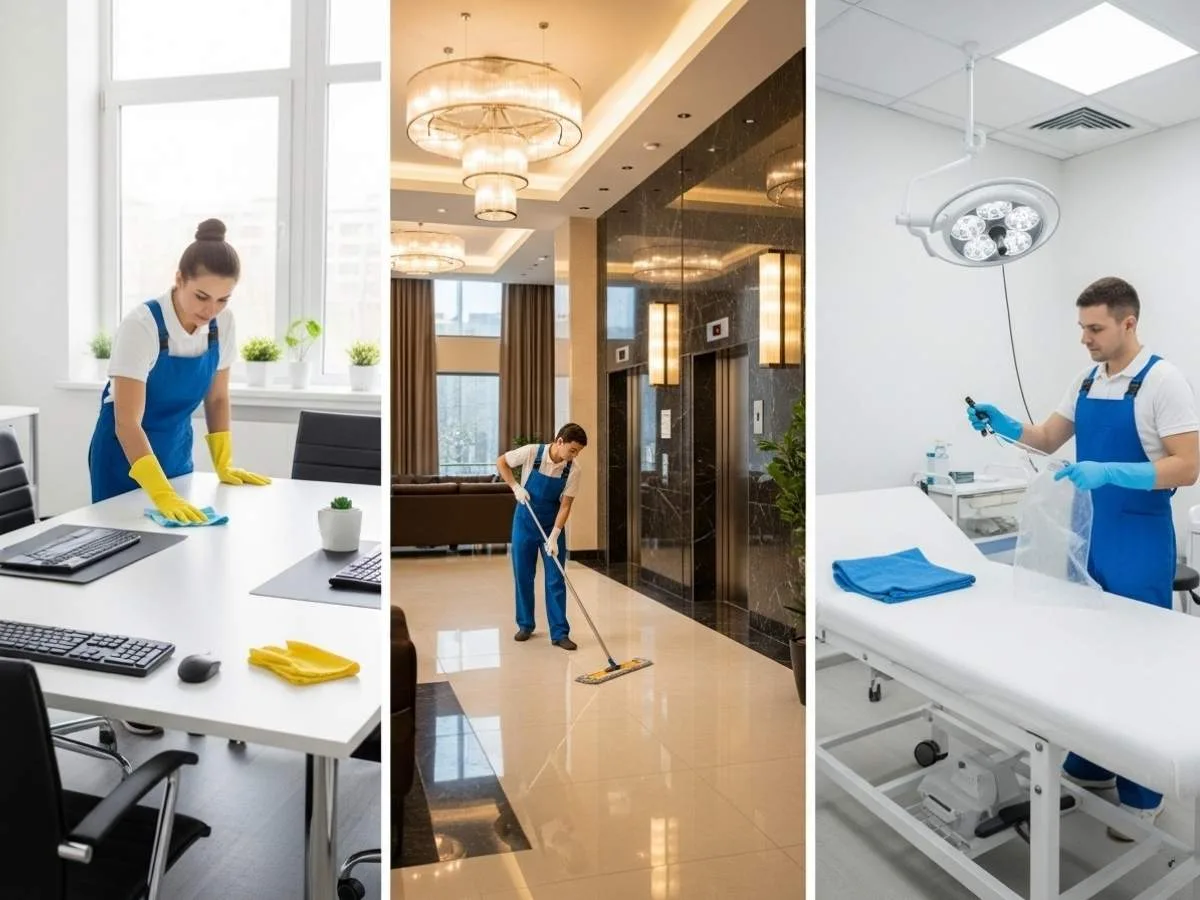 Commercial cleaners maintaining hygiene in an office, apartment lobby, and medical clinic to illustrate different cleaning requirements.