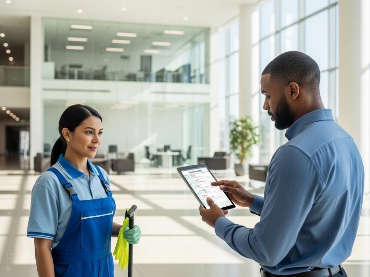 Facility manager reviewing office cleaning checklist with professional cleaning team in a modern corporate building.