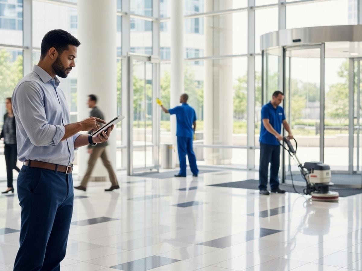 Facility manager reviewing cleaning plans while janitorial staff maintain a busy commercial building interior.