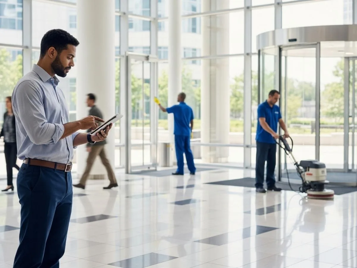 Facility manager reviewing cleaning plans while janitorial staff maintain a busy commercial building interior.