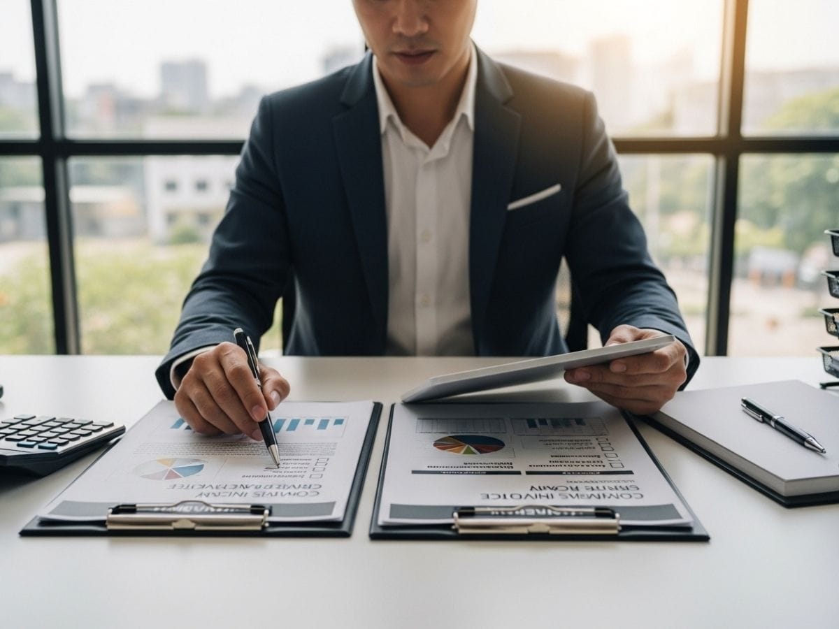 Office manager comparing two commercial cleaning service quotes with pricing details and service scope on a desk.