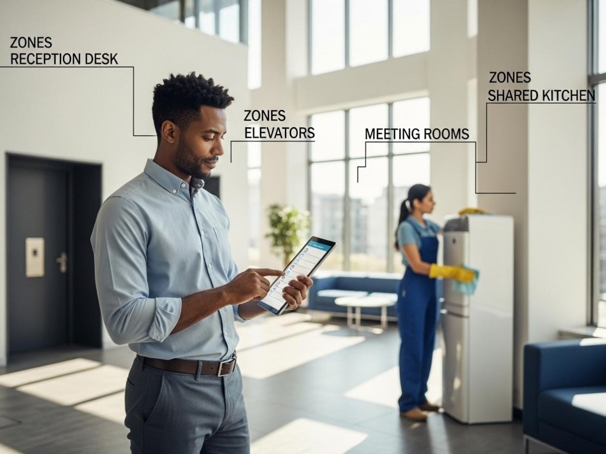 Facilities manager reviewing office cleaning zones and touchpoint checklist in a modern workplace lobby.