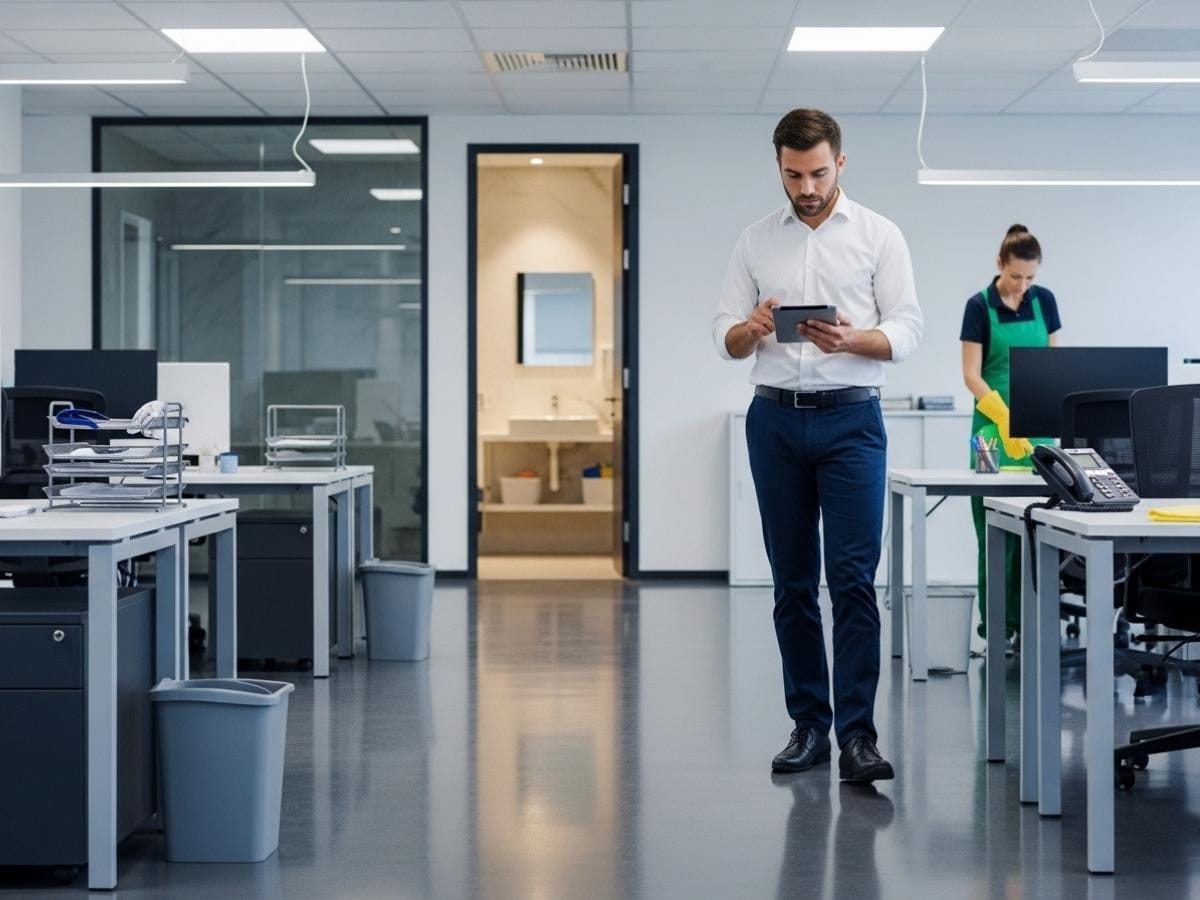 Supervisor reviewing office cleaning standards in a spotless modern workplace with a professional cleaner maintaining the space.
