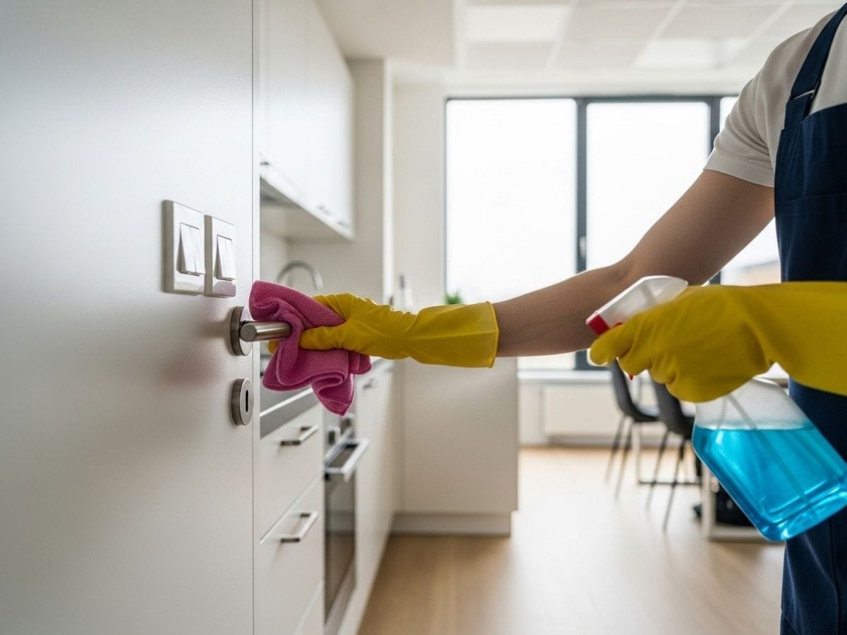 Office cleaner disinfecting high-touch surfaces like door handles and light switches in a modern workplace.