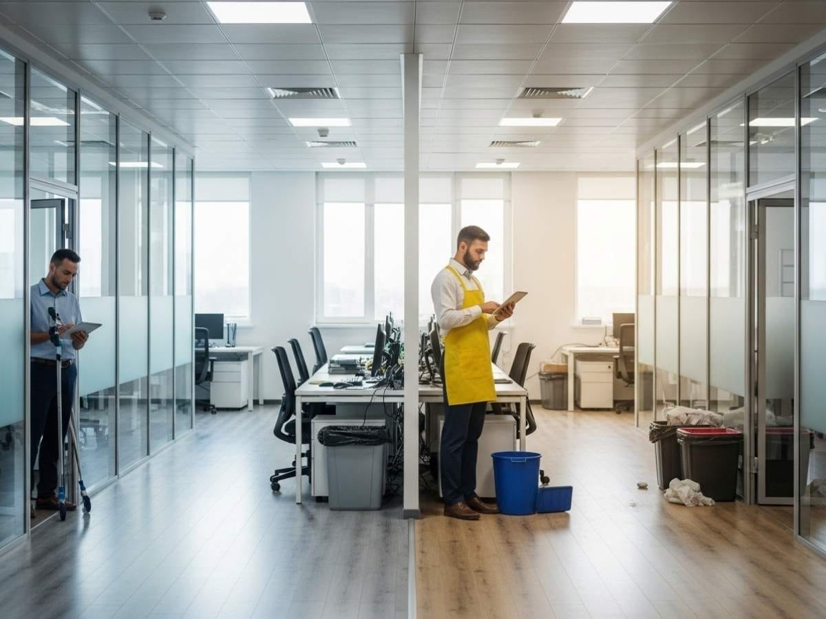 Facility manager reviewing a digital cleaning checklist in an office showing inconsistent cleaning standards between areas.