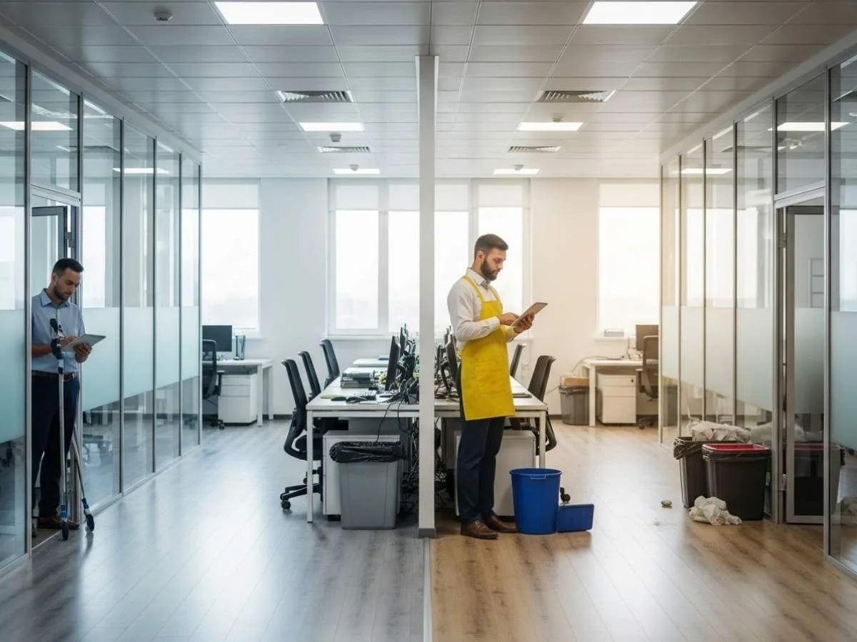 Facility manager reviewing a digital cleaning checklist in an office showing inconsistent cleaning standards between areas.