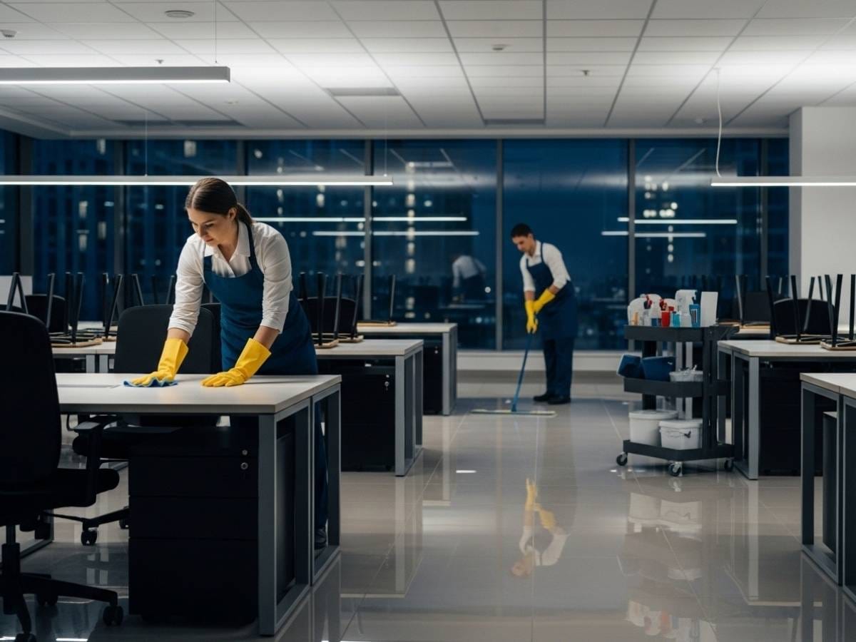 Nighttime commercial cleaning team thoroughly cleaning an empty modern office workspace.