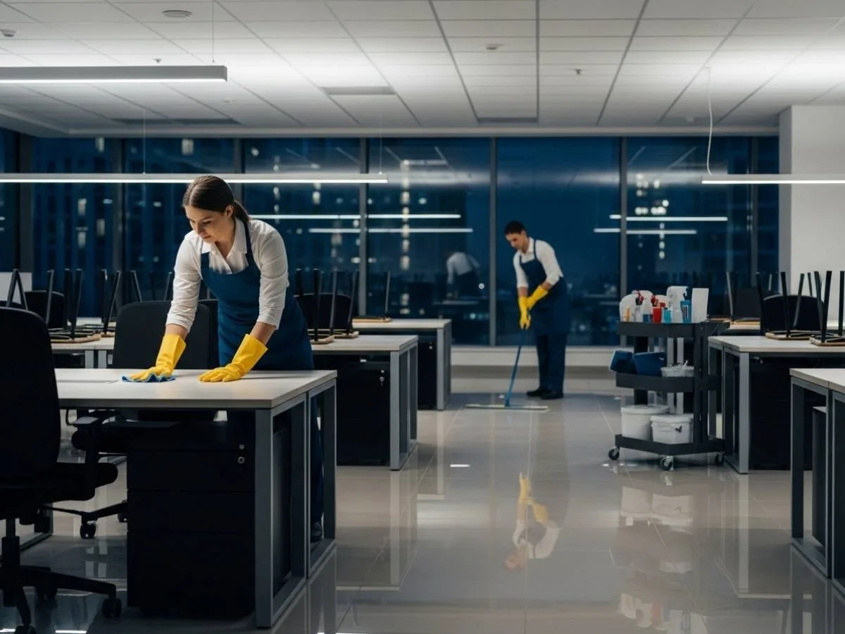 Nighttime commercial cleaning team thoroughly cleaning an empty modern office workspace.