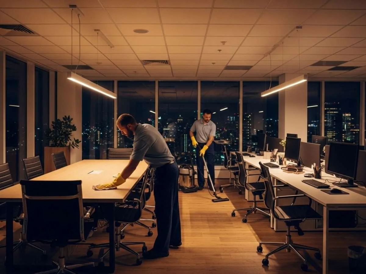 Professional cleaners maintaining a modern office workspace after hours in a quiet nighttime setting.