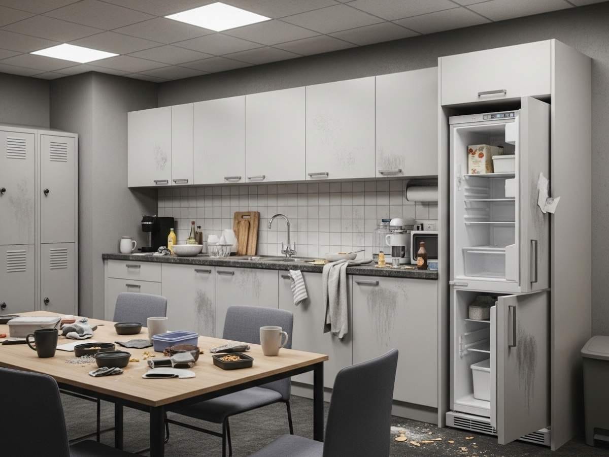 Busy office break room kitchen showing frequently used surfaces like cupboards, fridge, sink, and shared seating that require regular cleaning.