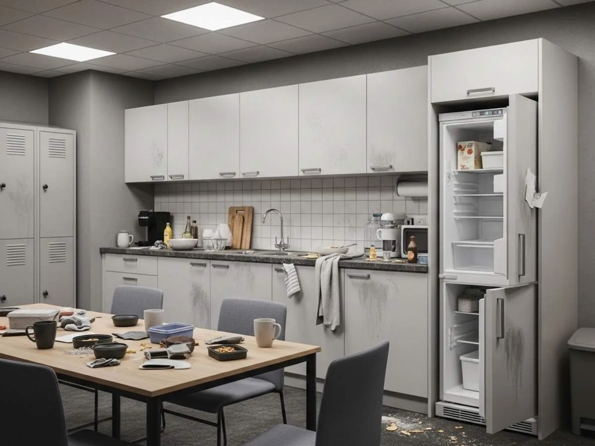 Busy office break room kitchen showing frequently used surfaces like cupboards, fridge, sink, and shared seating that require regular cleaning.