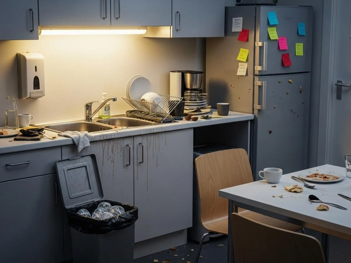 Untidy office kitchen and breakout area with dirty sink, overflowing trash bin, and messy shared workspace.
