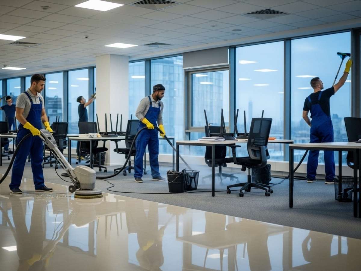 Professional cleaning team performing deep cleaning tasks in a modern office workspace including floor polishing, carpet steam cleaning, and window washing.